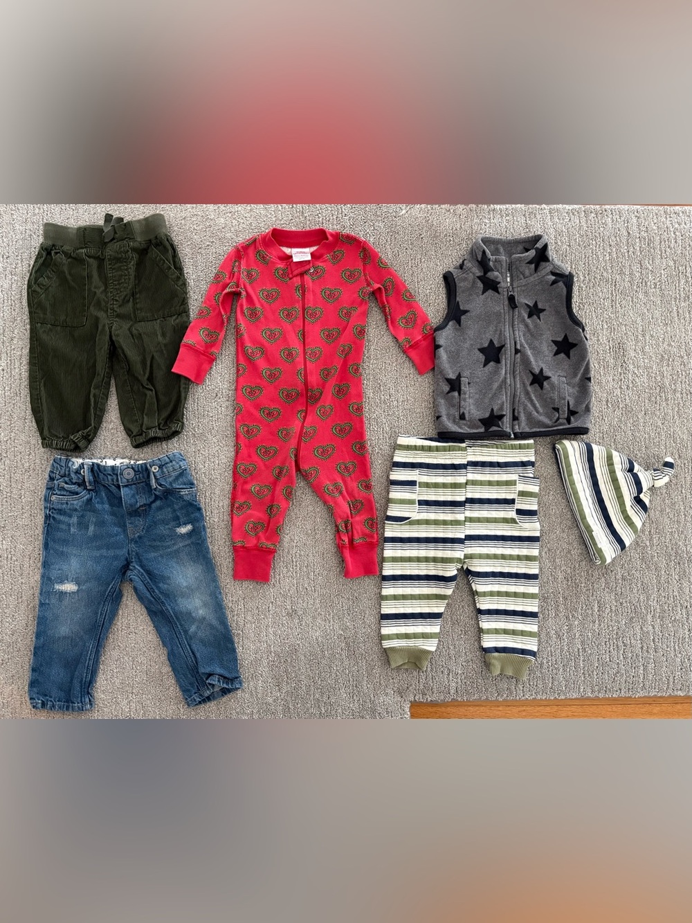 6 piece 6-12 month baby bundle: Hanna Andersson, Carter’s, Tahari Baby, H&M